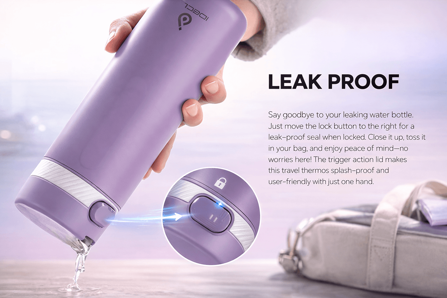 PureSip Thermal Bottle with leak-proof design and one-hand push button for easy drinking.