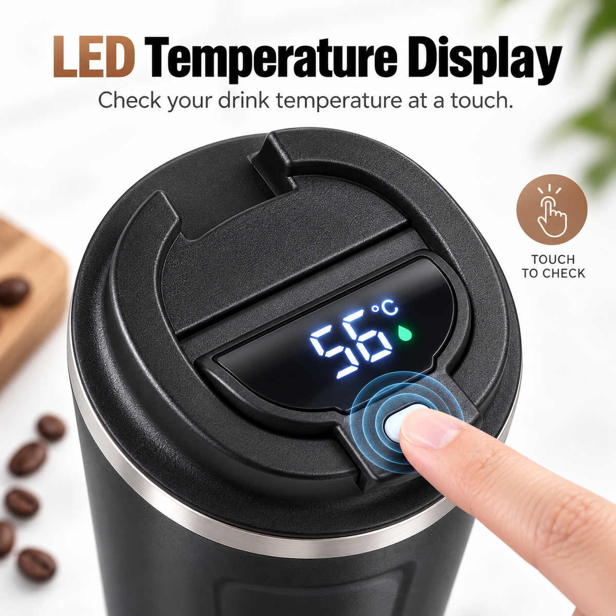 ThermoSip Coffee Cup with LED temperature display showing 56°C, allowing touch temperature check.