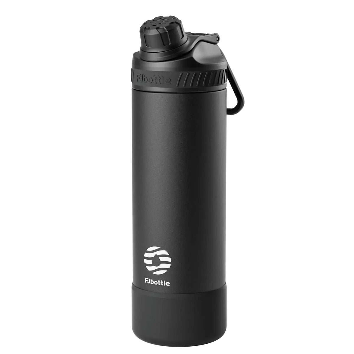 Black insulated stainless steel water bottle with double-wall insulation and carry handle, 710ml capacity.