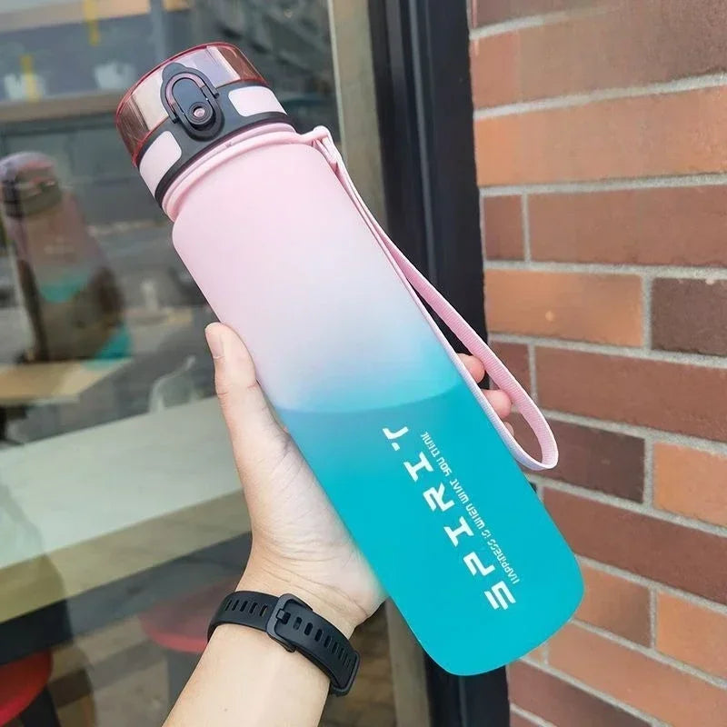 Leak-Proof 1-Liter Bottle for All-Day Hydration in hand, featuring an ombre pink to blue design.