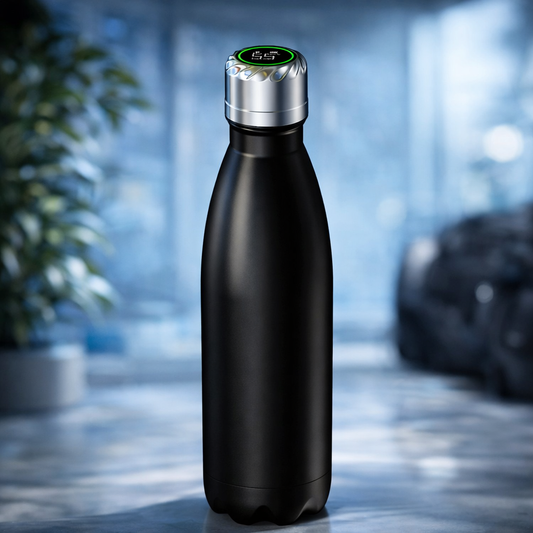 Self-Cleaning Bottle with built-in UV technology and smart temperature display in sleek black design.