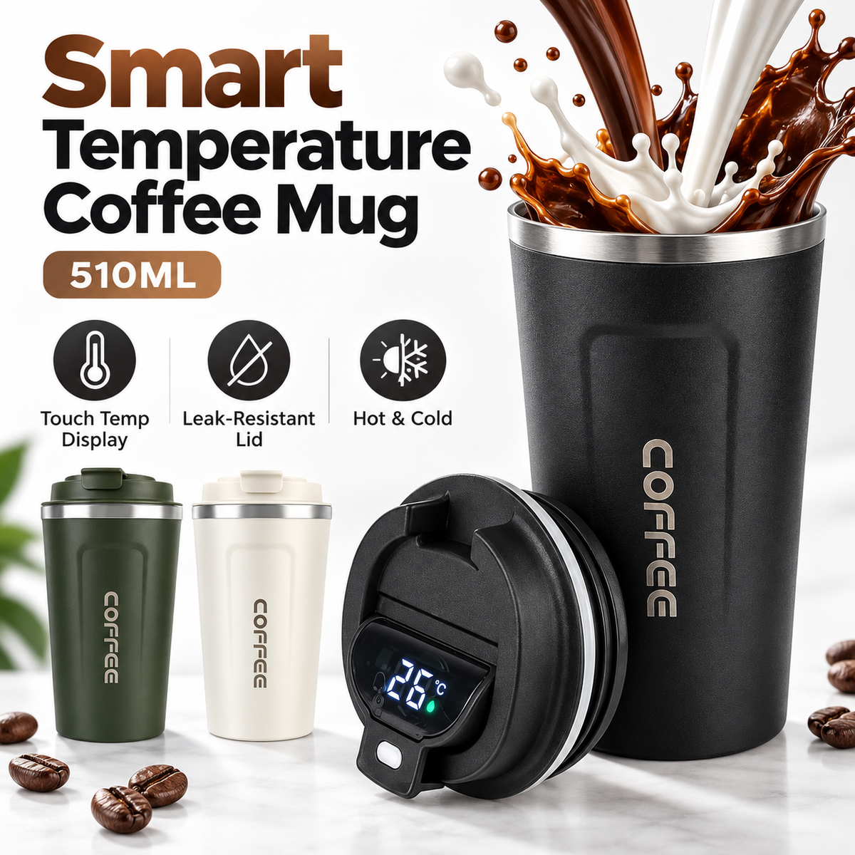 ThermoSip Coffee Cup with touch temp display and leak-resistant lid for perfect beverage temperature.