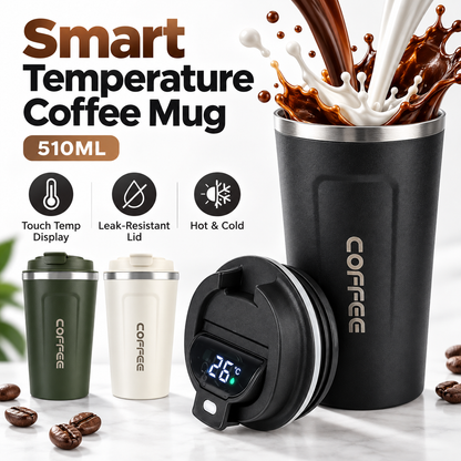 ThermoSip Coffee Cup with touch temp display and leak-resistant lid for perfect beverage temperature.