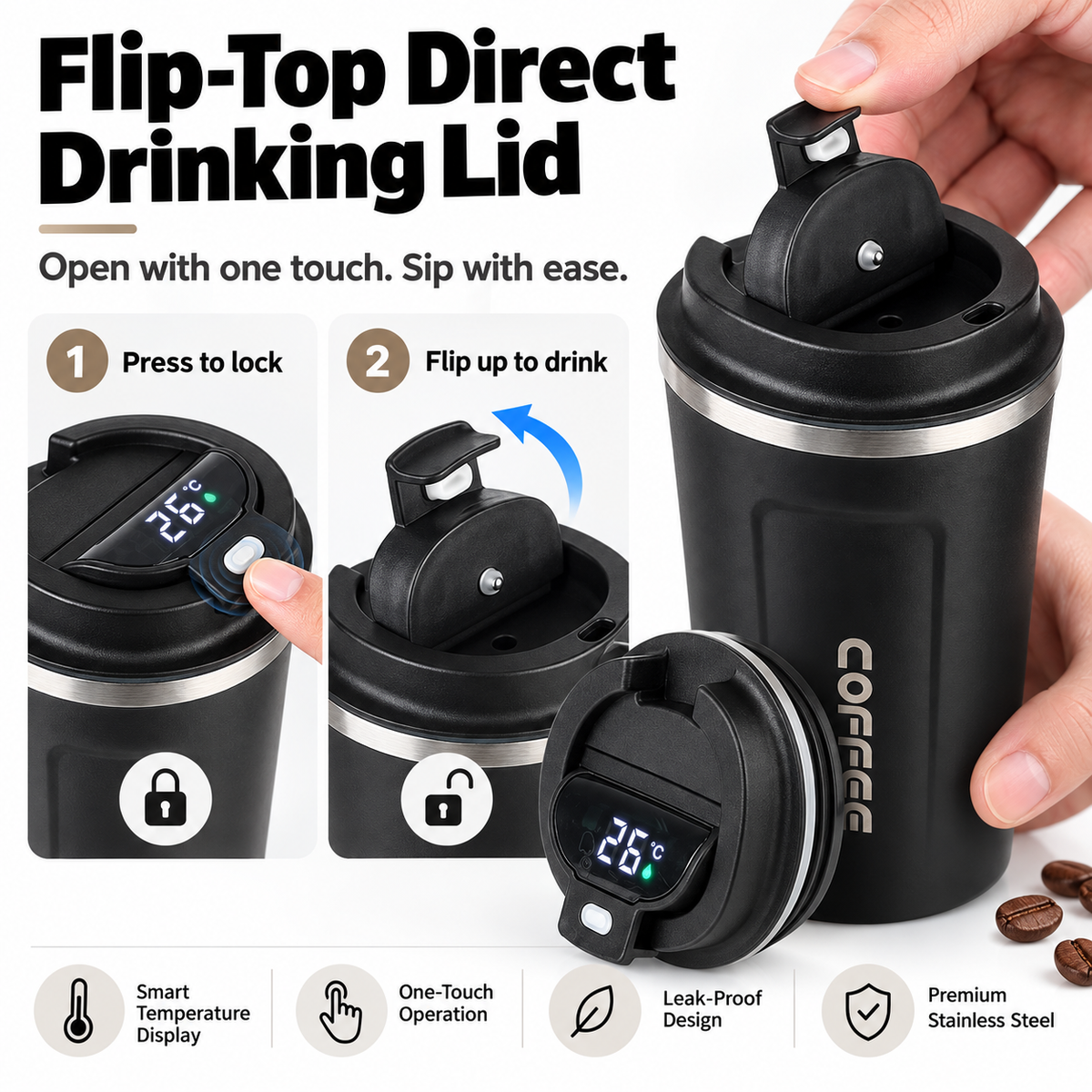 Image showing the Flip-Top Direct Drinking Lid of the ThermoSip Coffee Cup with temperature display and easy one-touch operation.