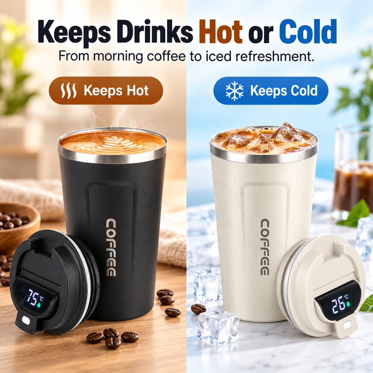 ThermoSip Coffee Cup displaying hot and cold drinks with digital temperature display for optimal enjoyment