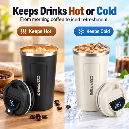 ThermoSip Coffee Cup displaying hot and cold drinks with digital temperature display for optimal enjoyment