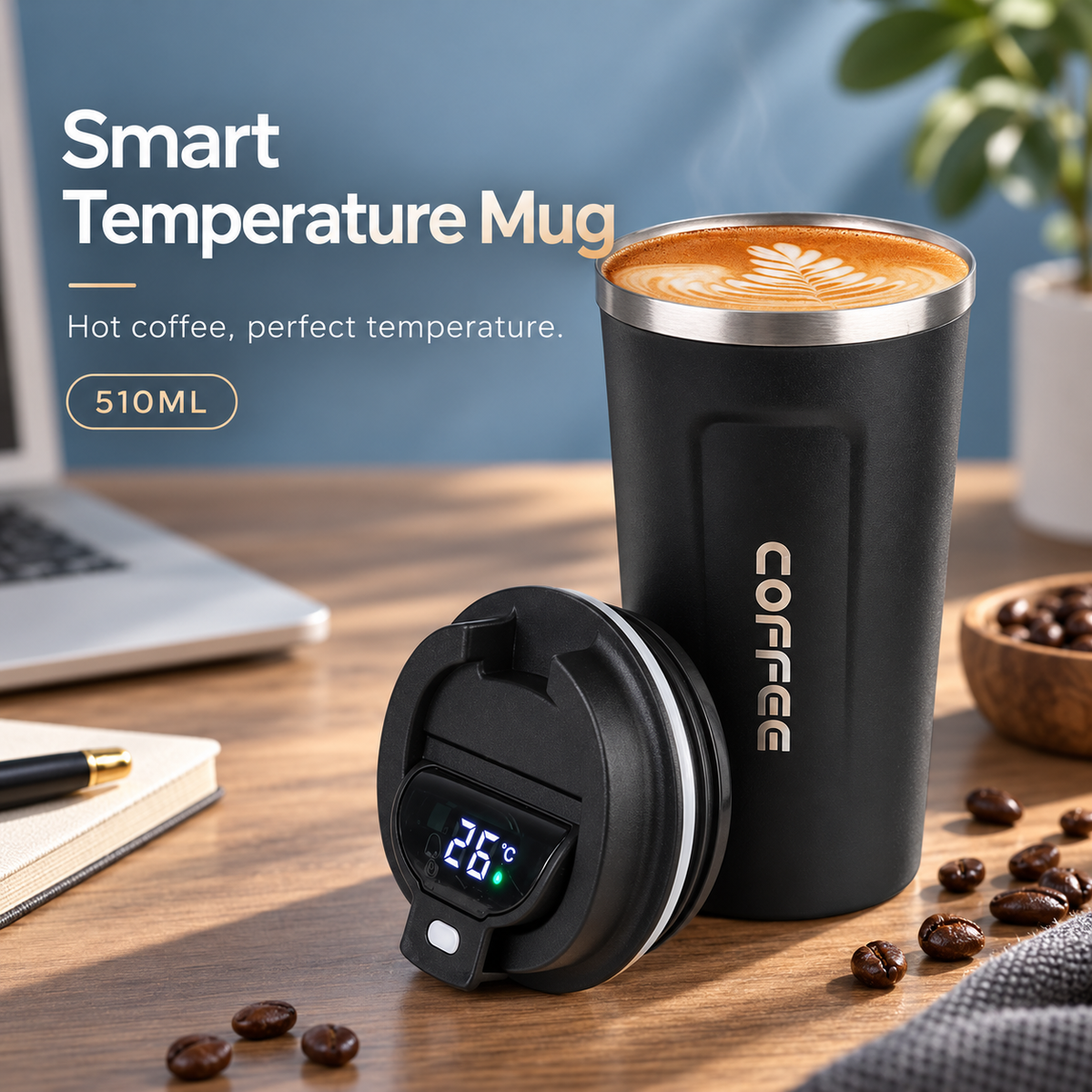 ThermoSip Coffee Cup with digital temperature display and coffee, perfect for commuting and travel.