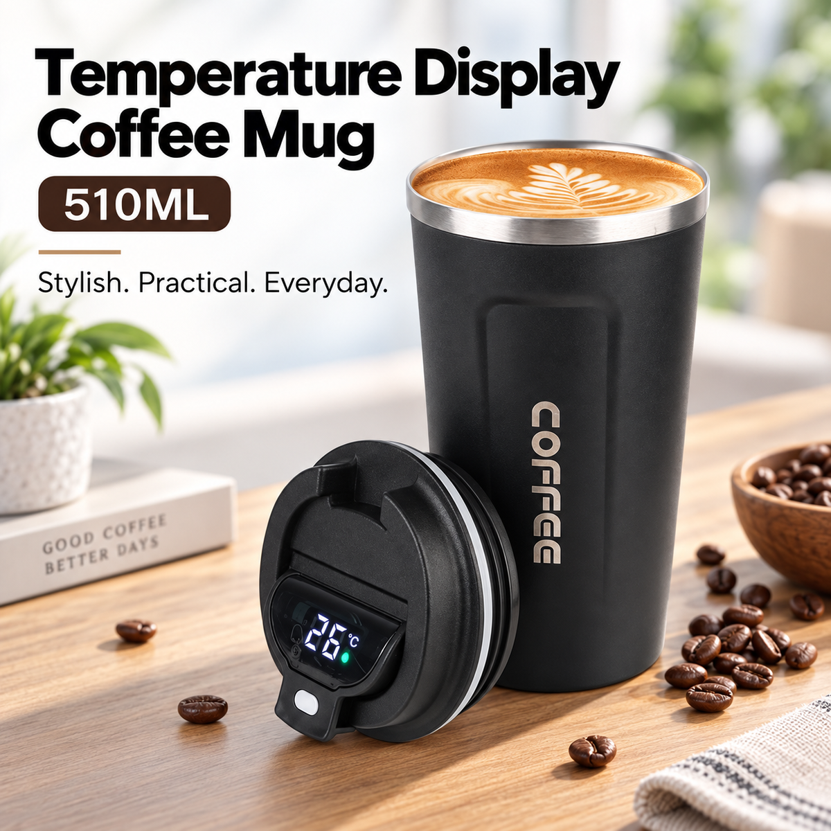ThermoSip Coffee Cup showcasing temperature display and coffee, designed for stylish everyday use.