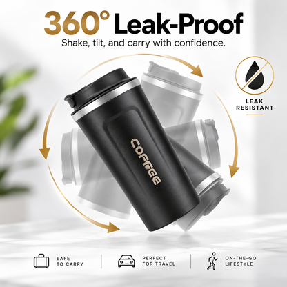 ThermoSip Coffee Cup demonstrating 360° leak-proof feature, perfect for travel and on-the-go lifestyle.