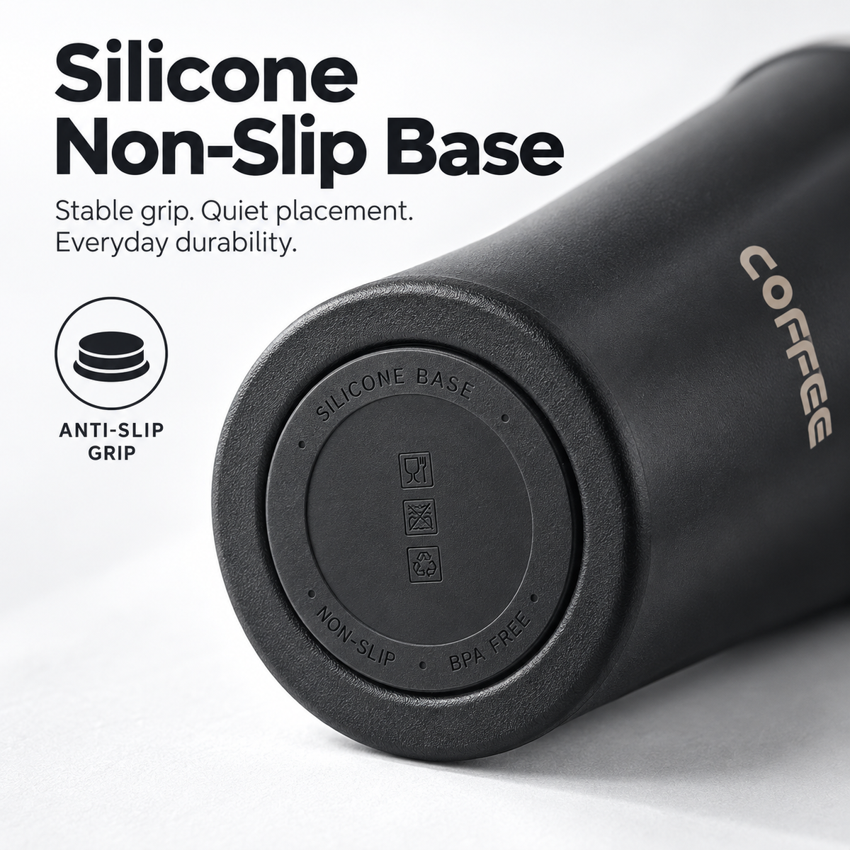 Close-up of the silicone non-slip base of the ThermoSip Coffee Cup, showcasing stable grip and everyday durability.