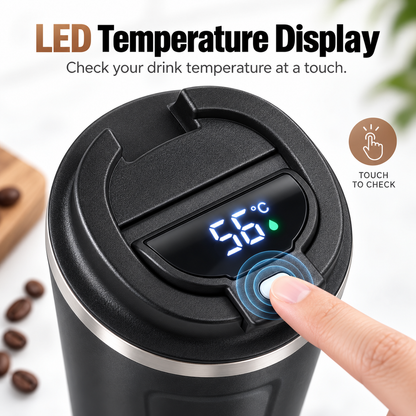 ThermoSip Coffee Cup with LED temperature display showing 56°C, allowing touch temperature check.