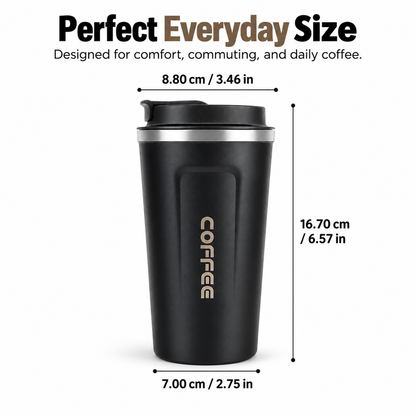 ThermoSip Coffee Cup dimensions highlighting perfect everyday size for comfort and commuting.