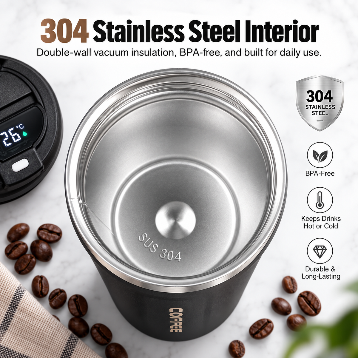 ThermoSip Coffee Cup showing 304 stainless steel interior with digital temperature display and coffee beans.