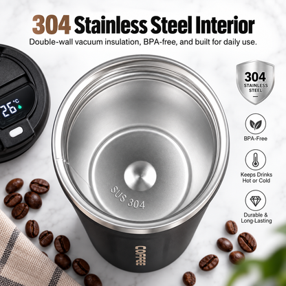 ThermoSip Coffee Cup showing 304 stainless steel interior with digital temperature display and coffee beans.