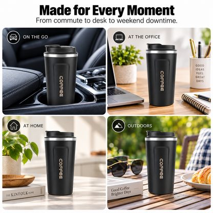 Collage of ThermoSip Coffee Cup used in various settings: car, office, home, and outdoors.