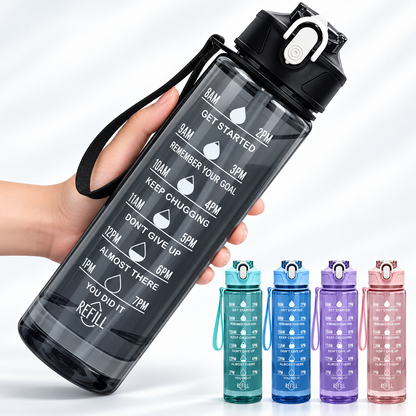 HydraTrack Bottle with time-tracking markers, a secure lid, and a straw; perfect smart water tracking bottle.