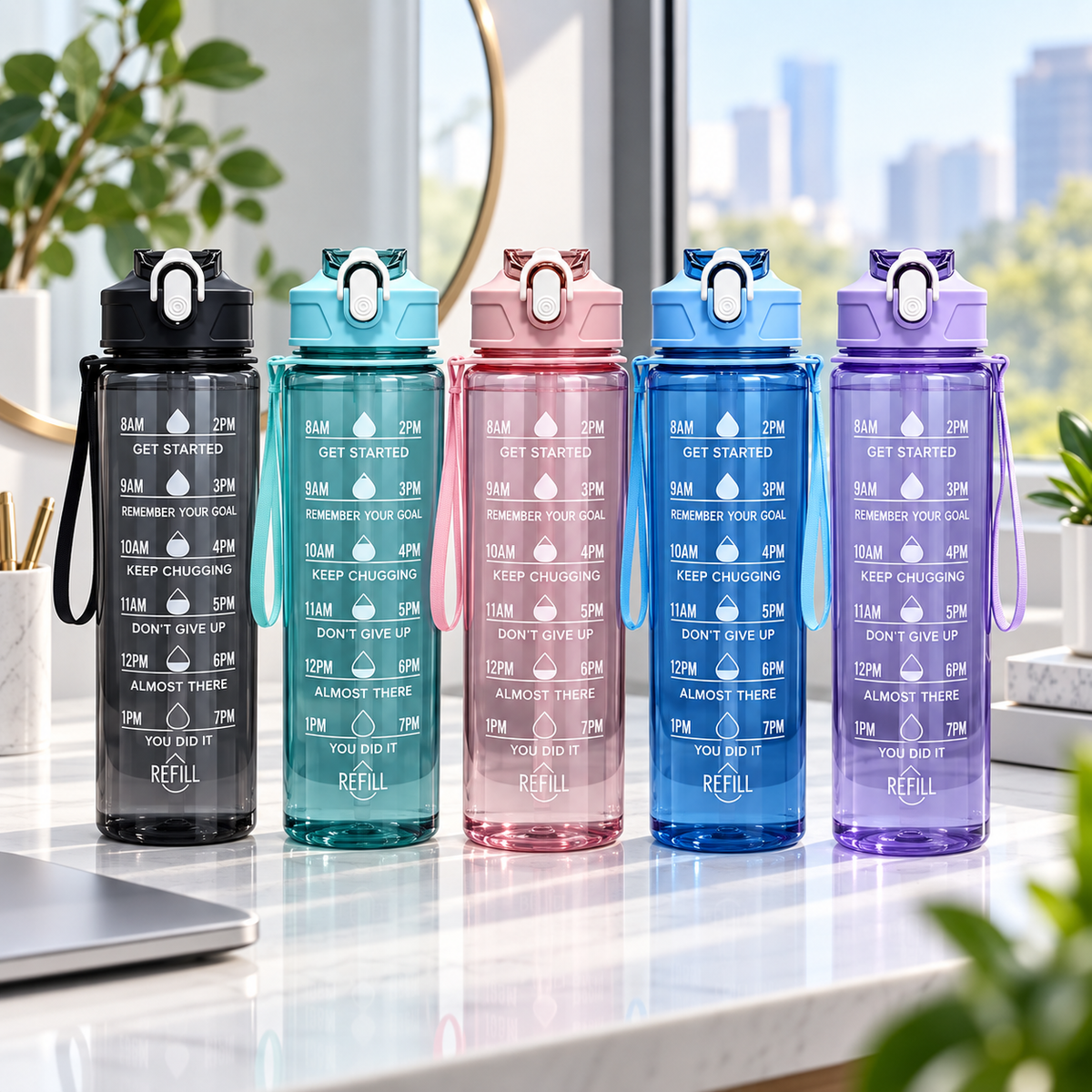 HydraTrack Bottle collection showcasing smart water tracking bottle designs with time markers for hydration.