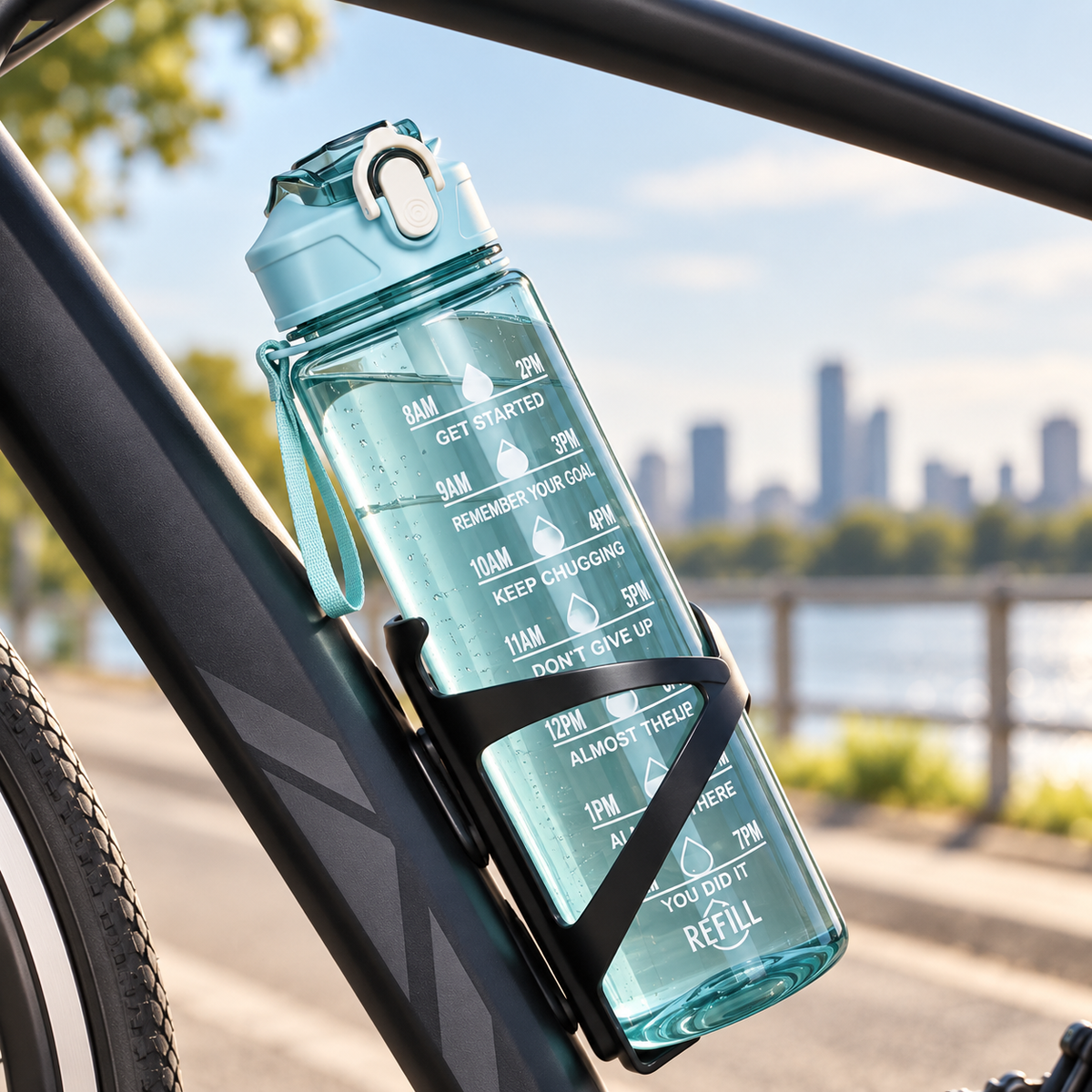 HydraTrack Bottle, a smart water tracking bottle with time markers, fitted on a bike in a scenic outdoor setting.
