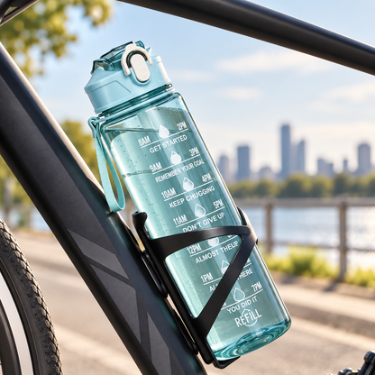 HydraTrack Bottle, a smart water tracking bottle with time markers, fitted on a bike in a scenic outdoor setting.