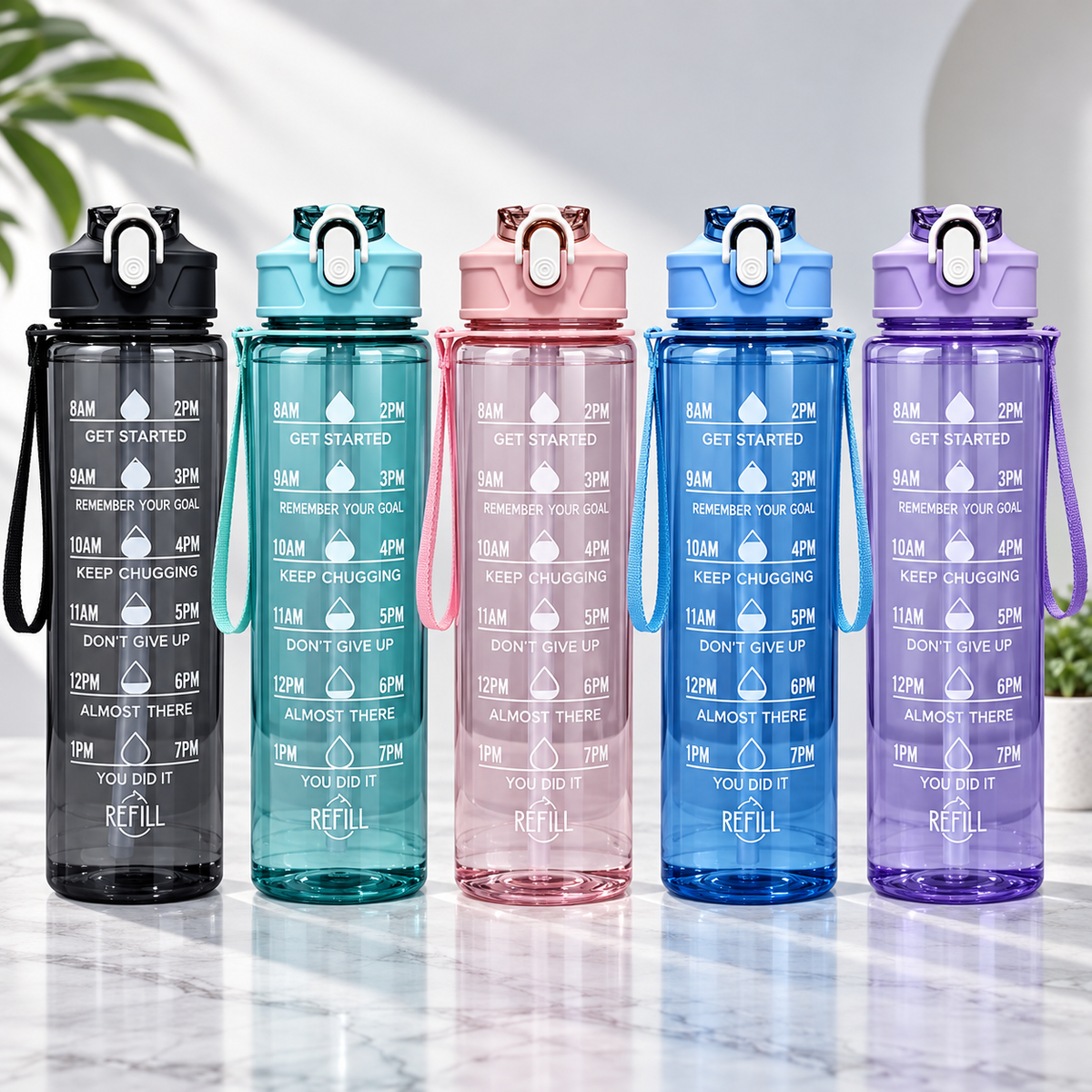 HydraTrack Bottle, a smart water tracking bottle with time markers and leak-resistant lid, available in multiple colors.
