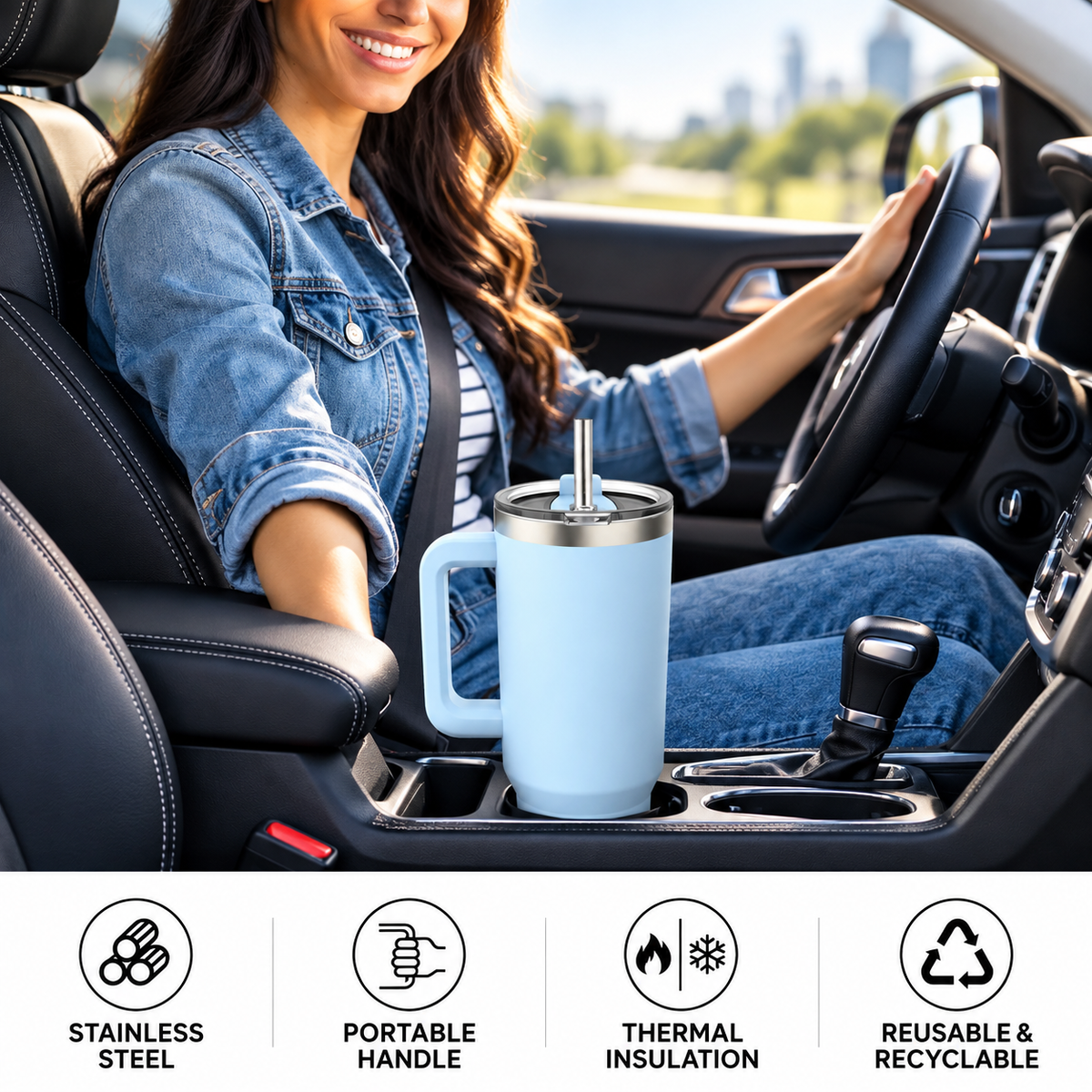 A woman driving with a FlowGrip insulated tumbler with handle in a car cup holder, showcasing comfort and style on the go.
