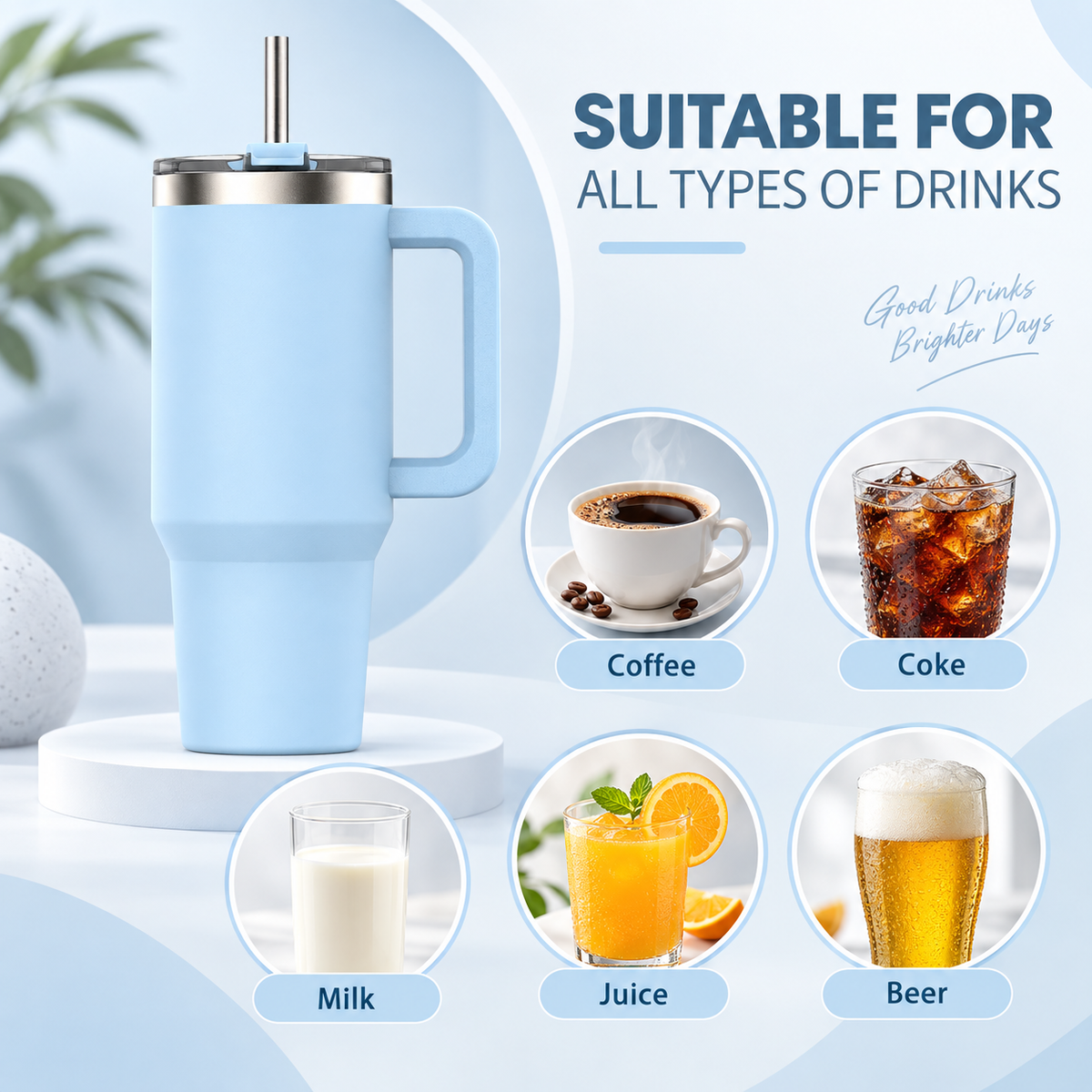 FlowGrip Tumbler, an insulated tumbler with handle, suitable for coffee, juice, milk, coke, and beer.
