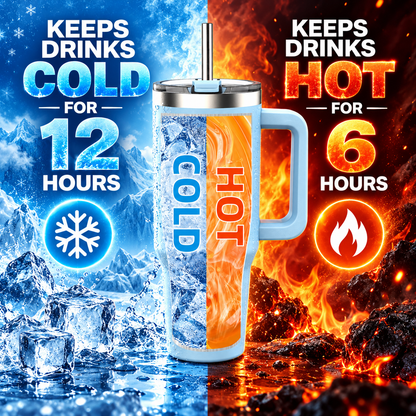 Insulated tumbler with handle featuring dual-temperature design, keeping drinks cold for 12 hours and hot for 6 hours.