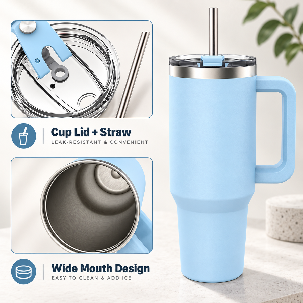 Insulated tumbler with handle featuring a blue color, cup lid, straw, and wide mouth design for easy cleaning.