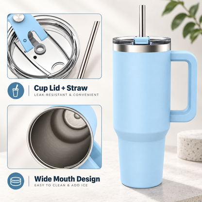 Insulated tumbler with handle featuring a blue color, cup lid, straw, and wide mouth design for easy cleaning.
