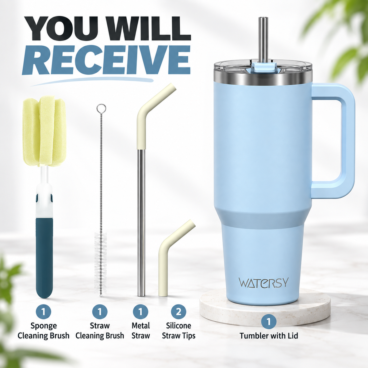 FlowGrip insulated tumbler with handle, metal straw, cleaning brushes, and silicone straw tips for easy maintenance.