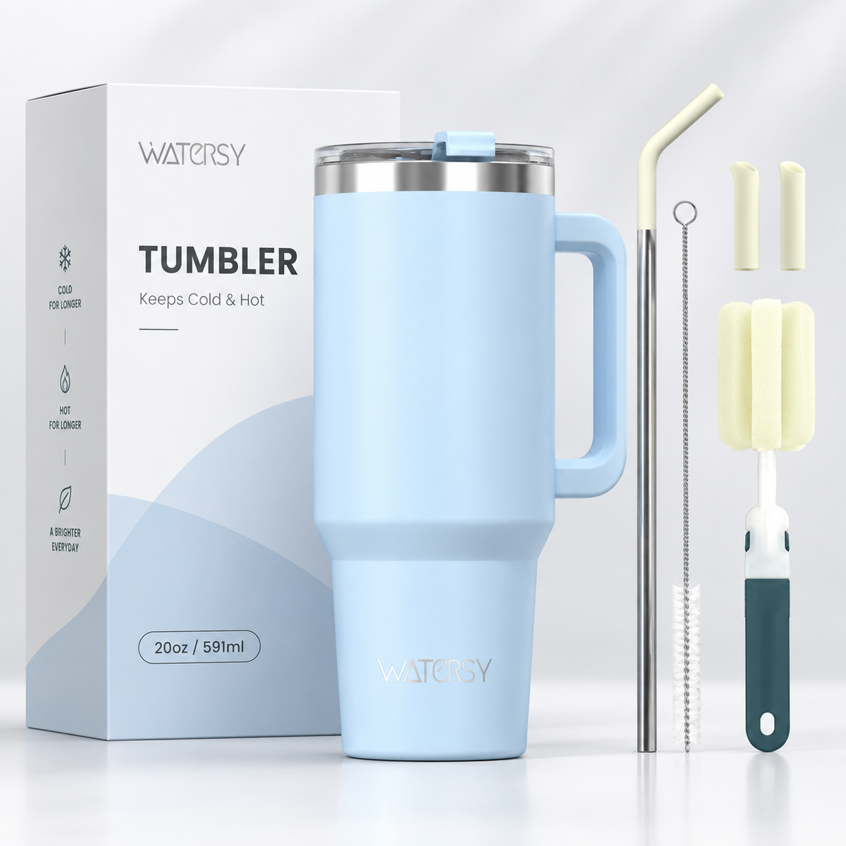 FlowGrip Tumbler, an insulated tumbler with handle, designed for hot and cold beverages, includes reusable straw and cleaning brush.