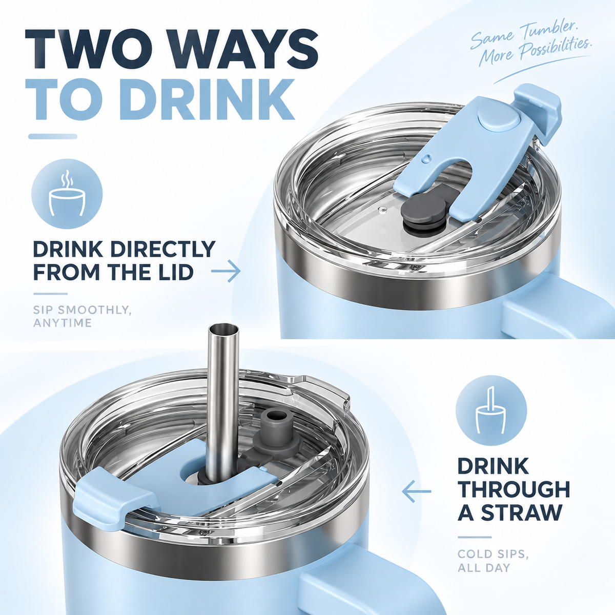 Insulated tumbler with handle showcasing two ways to drink: directly from the lid or through a straw.