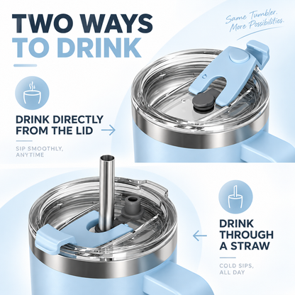 Insulated tumbler with handle showcasing two ways to drink: directly from the lid or through a straw.