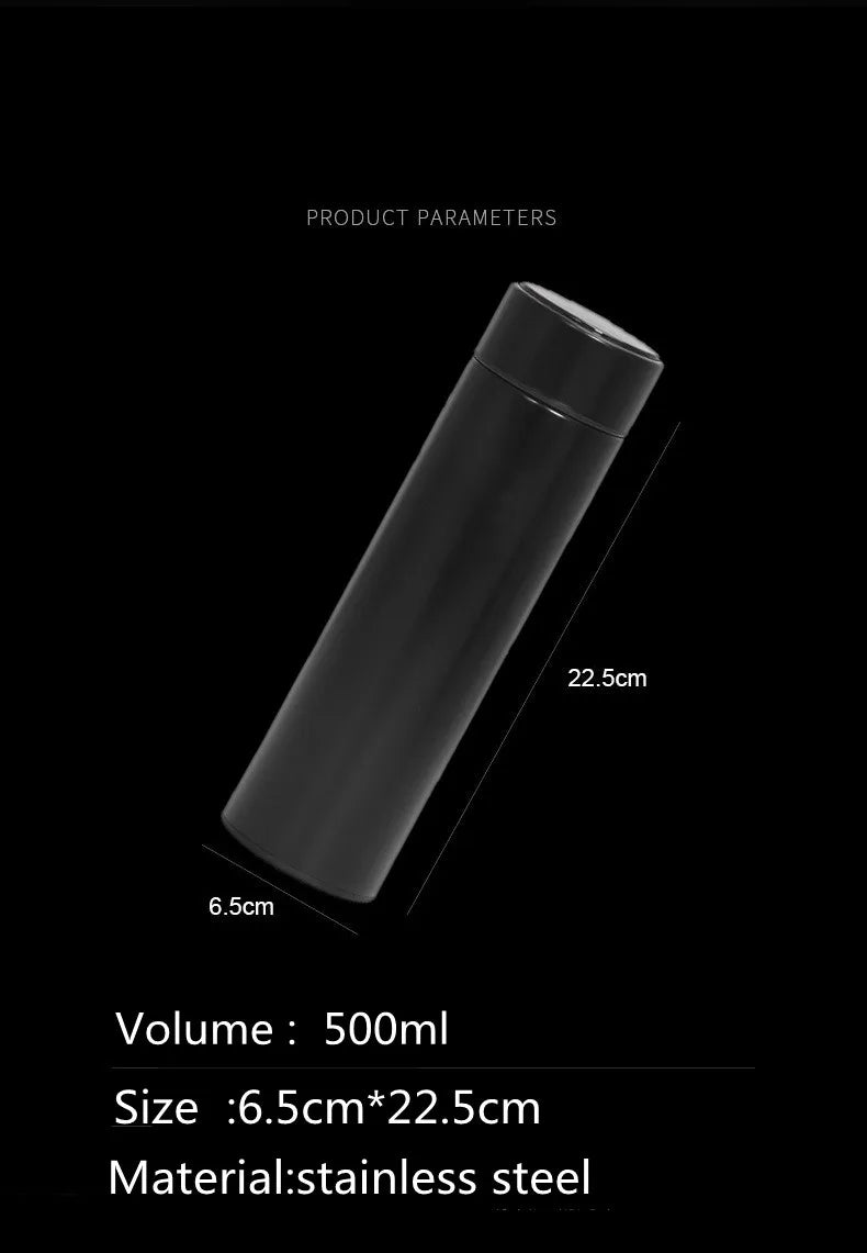 SmartTemp Elite – Custom LED Bottle (500ML) dimensions and materials shown.
