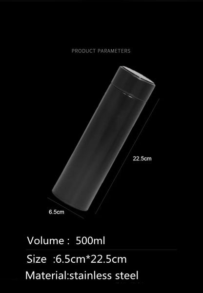 SmartTemp Elite – Custom LED Bottle (500ML) dimensions and materials shown.