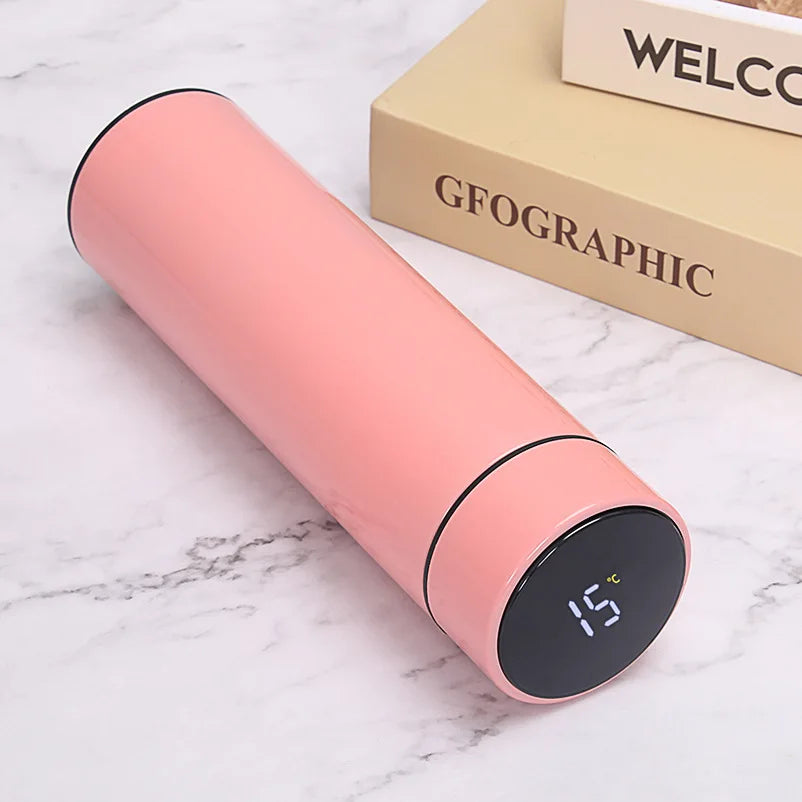 SmartTemp Elite – Custom LED Bottle (500ML) in pink, displaying temperature on the lid.