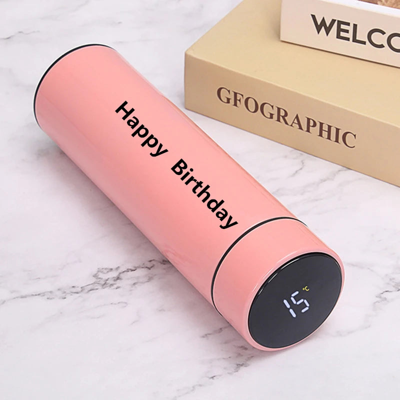 SmartTemp Elite – Custom LED Bottle (500ML) in pink with temperature display and "Happy Birthday" engraving.