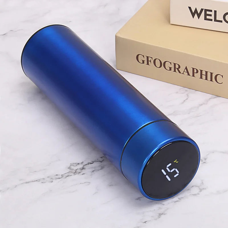 SmartTemp Elite – Custom LED Bottle (500ML) in blue with LED temperature display.