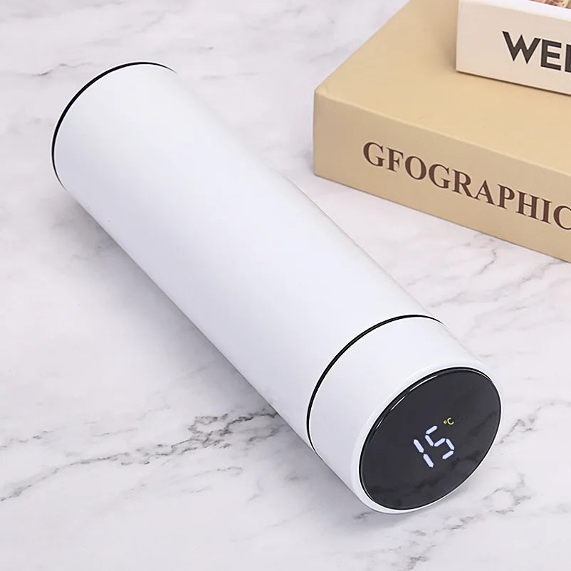SmartTemp Elite – Custom LED Bottle (500ML) showing LED temperature display on a marble surface.