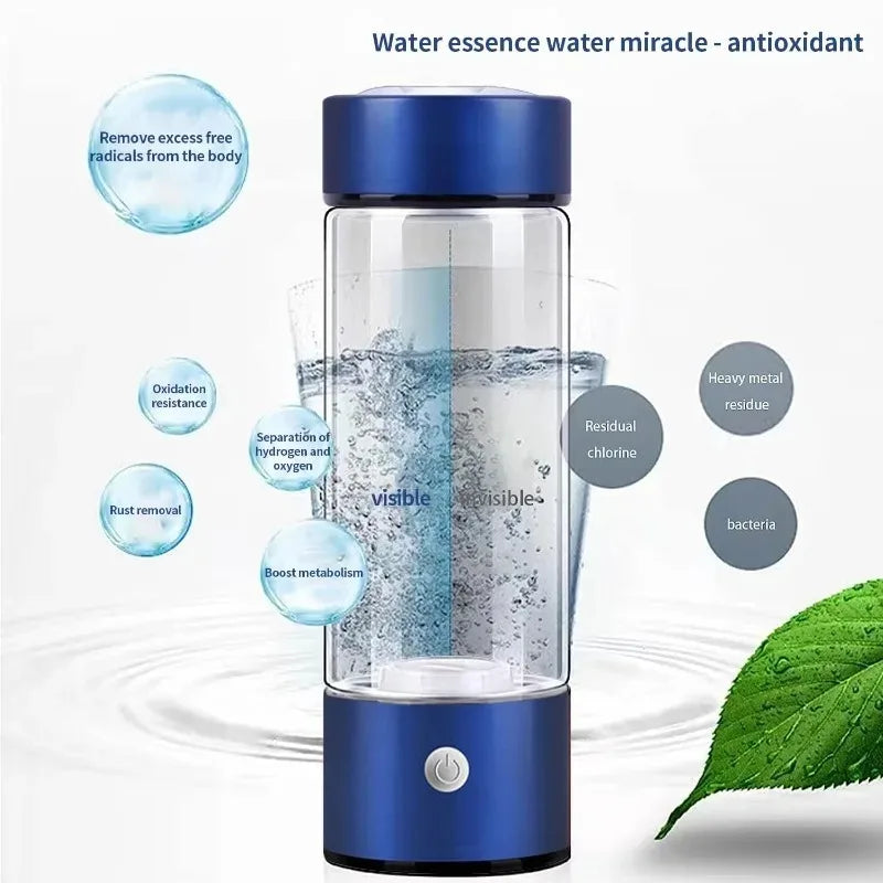 Hydrogen Boost Bottle generating hydrogen-rich water with clear design and anti-oxidant features for daily wellness.