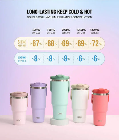 DuoSip Tumbler lineup showing various sizes and long-lasting temperature retention, featuring insulated tumbler with dual-drink lid.