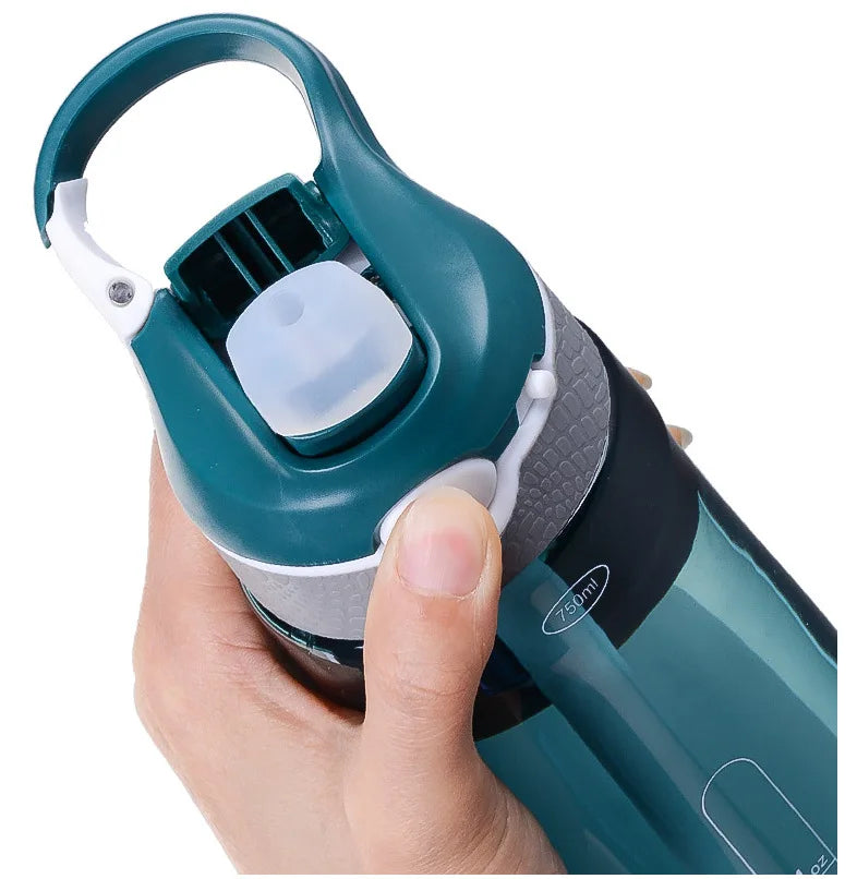 Close-up of the HydroFlow water bottle with built-in straw and leak-resistant lid for easy hydration.