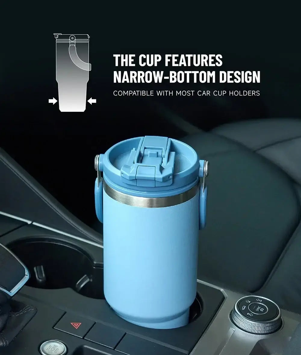 insulated tumbler with dual-drink lid in car cup holder showcasing narrow-bottom design for easy fit