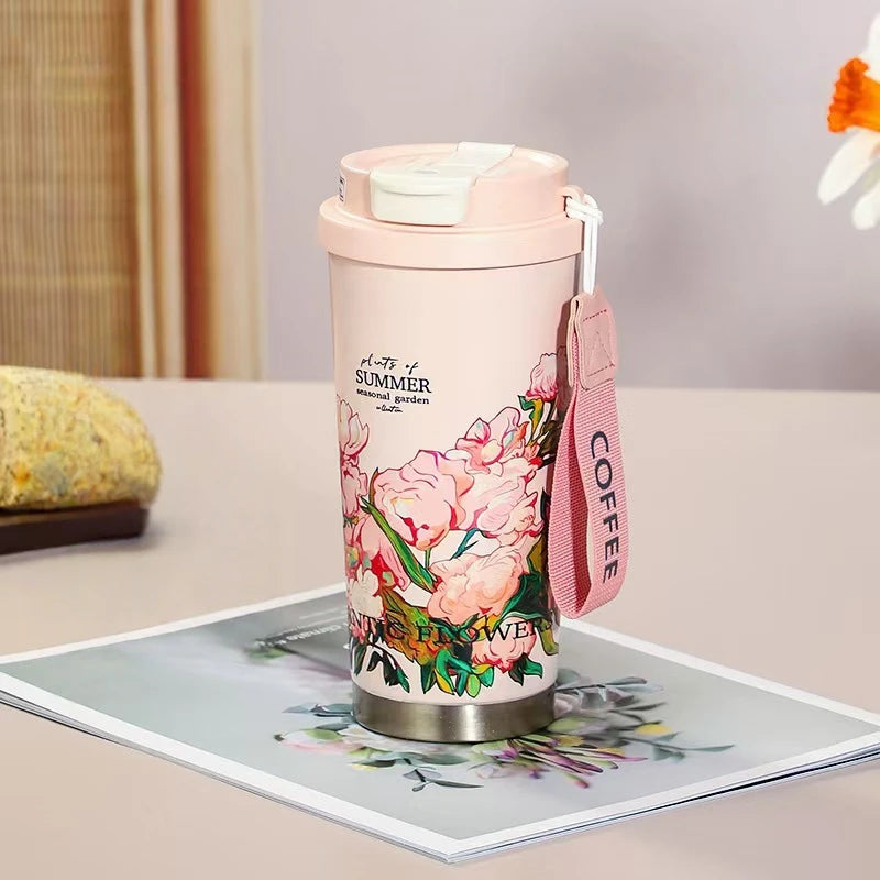 Elegant BloomSip Coffee Tumbler with floral design, perfect for hot or cold beverages, ideal for daily use.