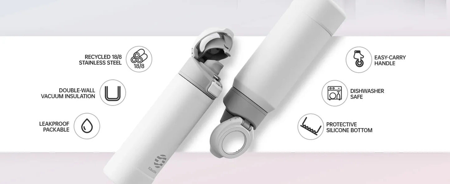 MagSnap Bottle Pro features: recycled stainless steel, double-wall insulation, leakproof design, and easy carry handle.
