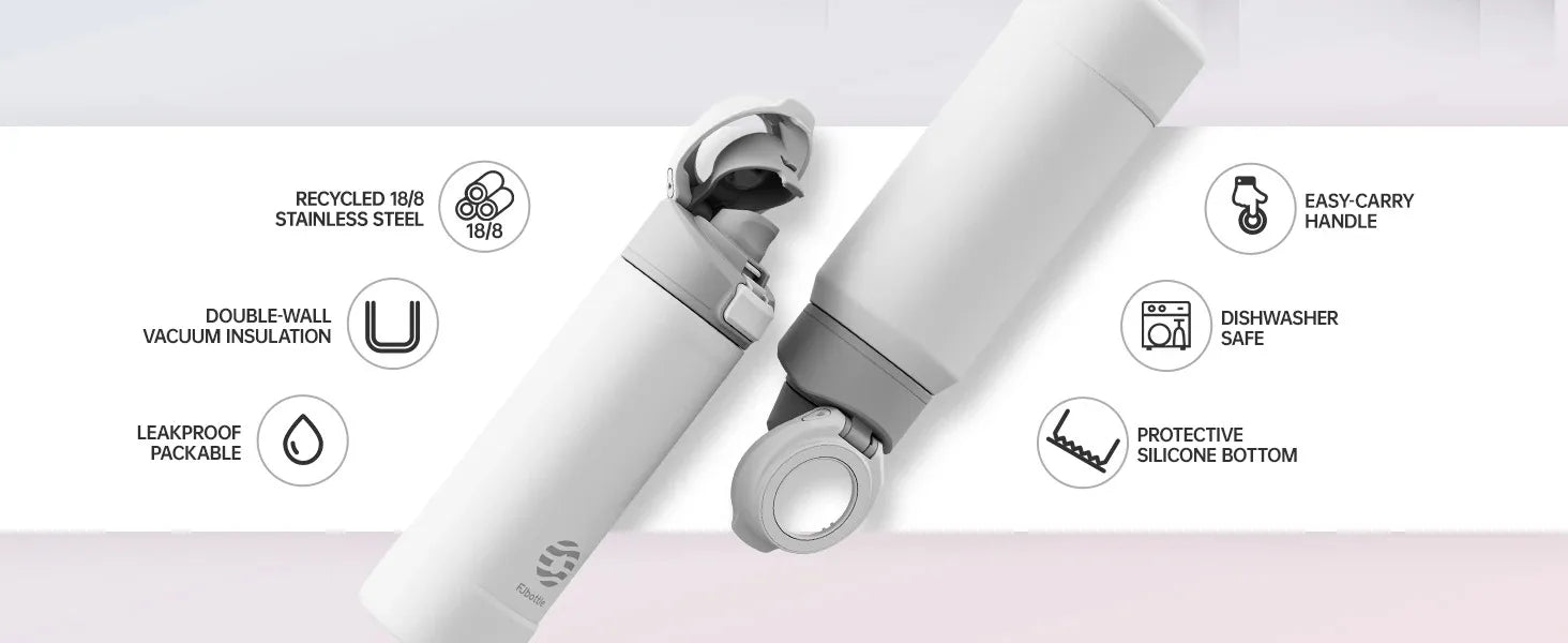 MagSnap Bottle Pro features: recycled stainless steel, double-wall insulation, leakproof design, and easy carry handle.