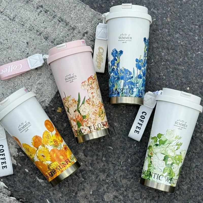 BloomSip Coffee Tumbler collection showcasing floral designs in vibrant colors, perfect for stylish sipping.
