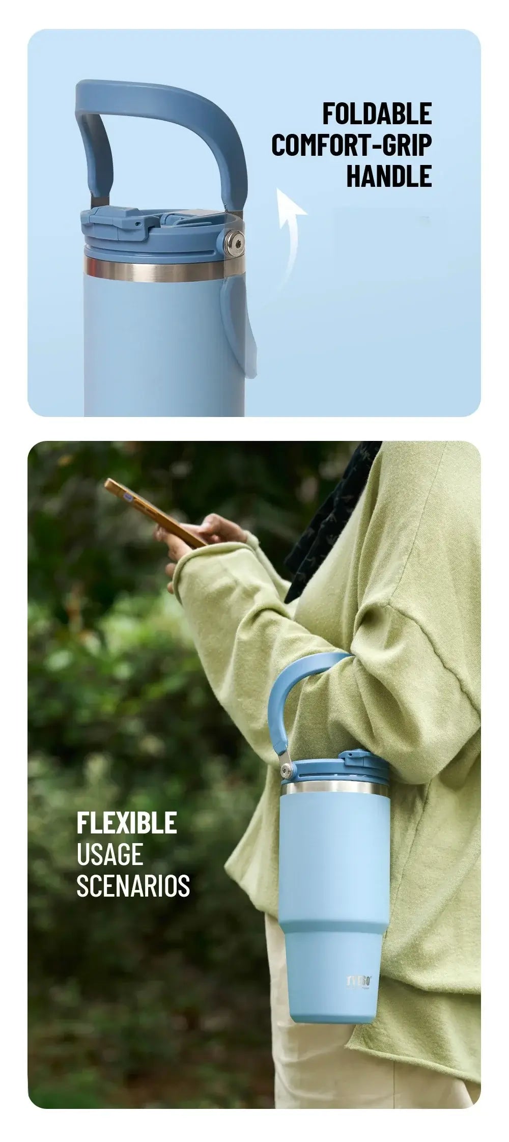 DuoSip Tumbler showcasing foldable comfort-grip handle, highlighting its versatility as an insulated tumbler with dual-drink lid.