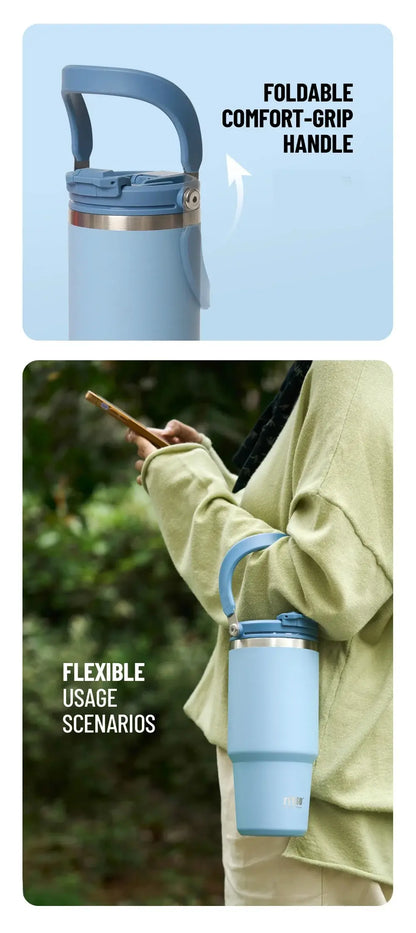 DuoSip Tumbler showcasing foldable comfort-grip handle, highlighting its versatility as an insulated tumbler with dual-drink lid.