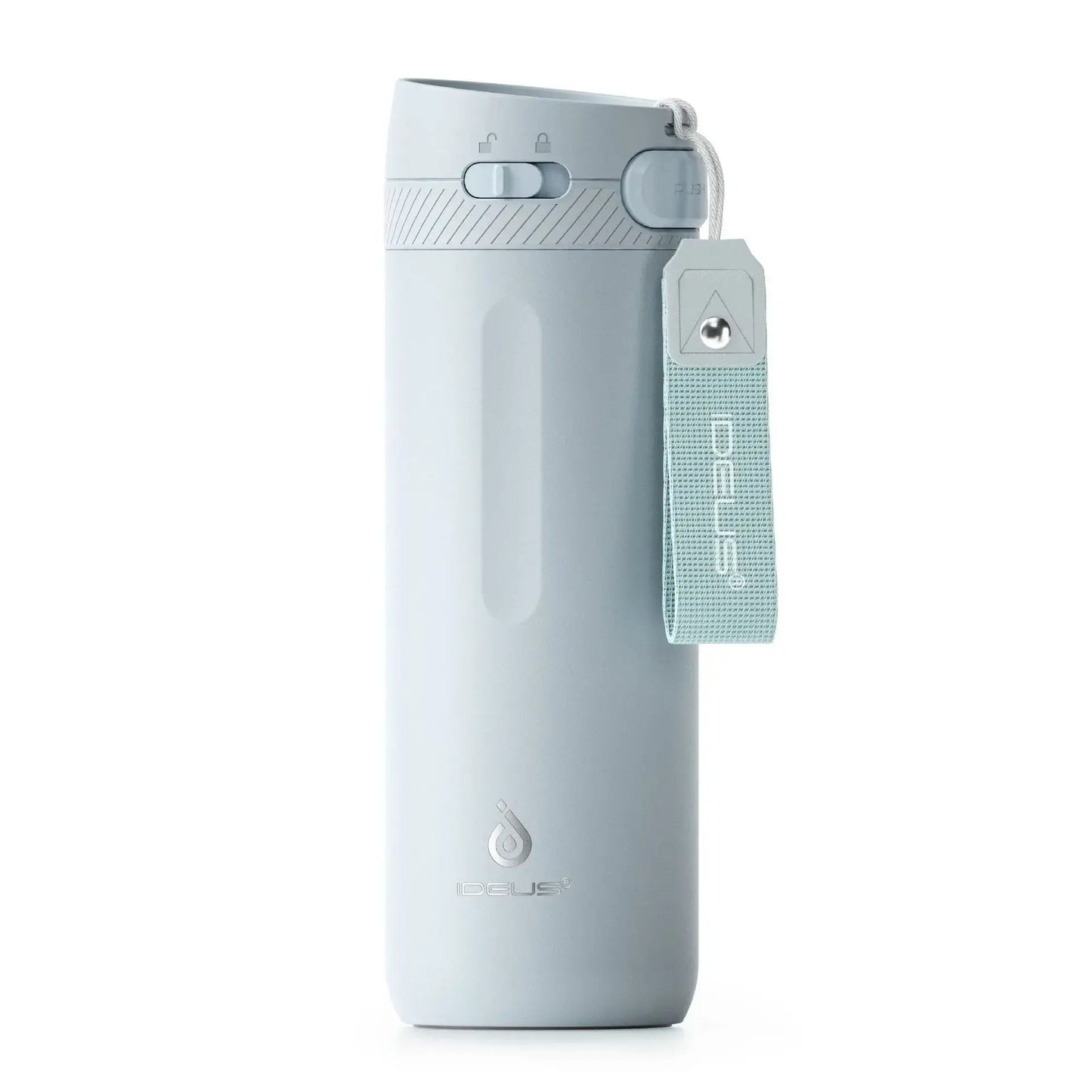 PureSip Thermal Bottle in light blue color with a leak-proof lid and compact design for easy carrying.